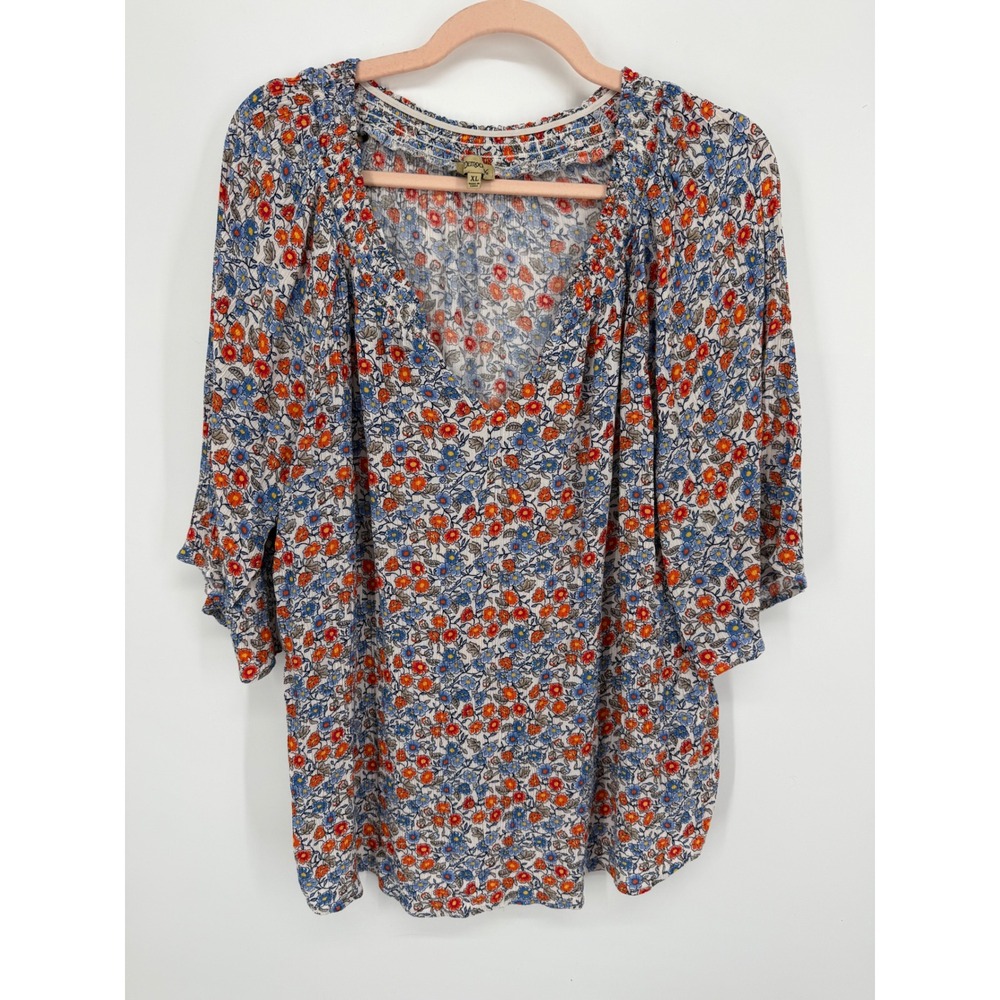 Democracy Blouse Womens XL Blue Orange Floral V-Neck Boho Rayon Top Peasant
